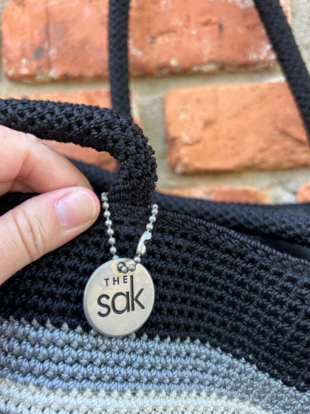 The Sak Black Crochet Tote with Gray Stripe Double Handle Strap Y2K - Picture 3 of 5